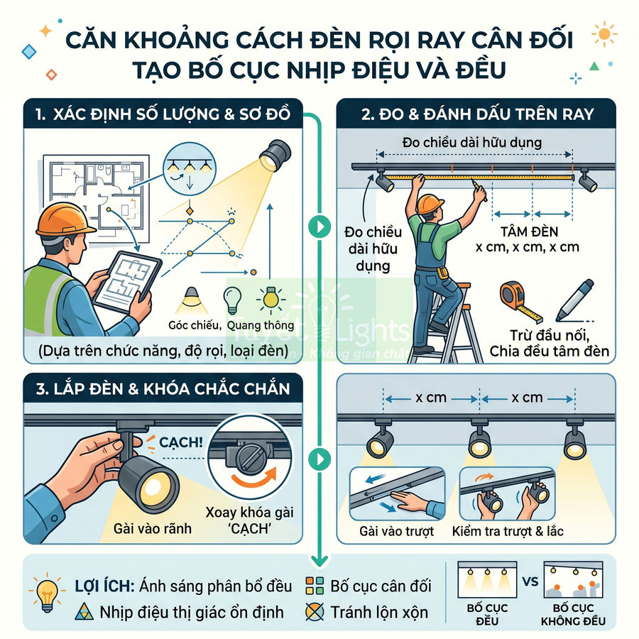 Hướng dẫn lắp đặt và canh khoảng cách đèn rọi ray để tạo bố cục chiếu sáng cân đối và đều